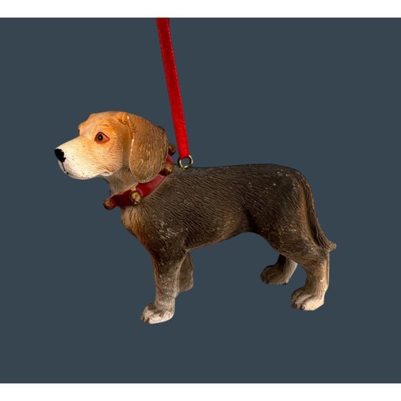 Beagle Dog Ornament Red Ribbon Ceramic Holiday Decor 3” - Picture 1 of 5